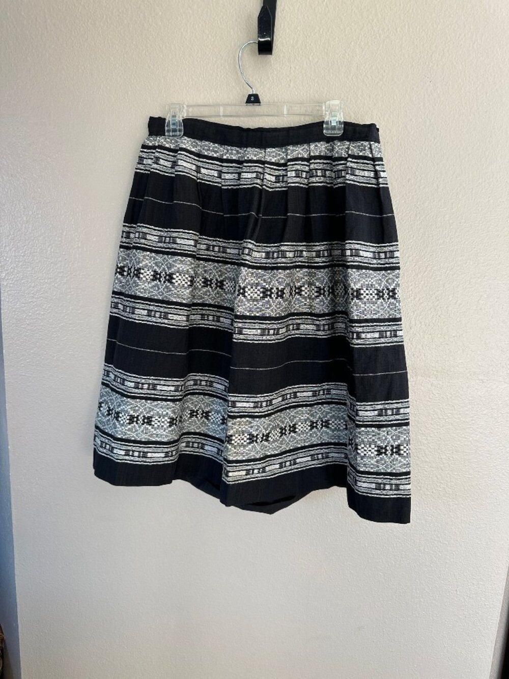 Womens Black White Woven Geometric A-Line Skirt Pleated Knee Length Textured